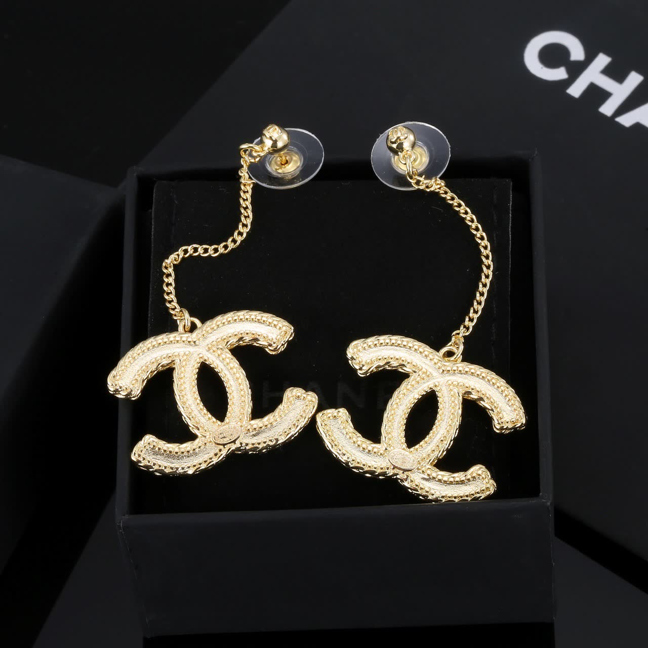 Chanel CC Logo Gold Tone Drop Earrings