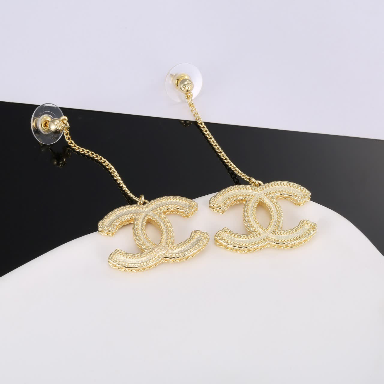 Chanel CC Logo Gold Tone Drop Earrings