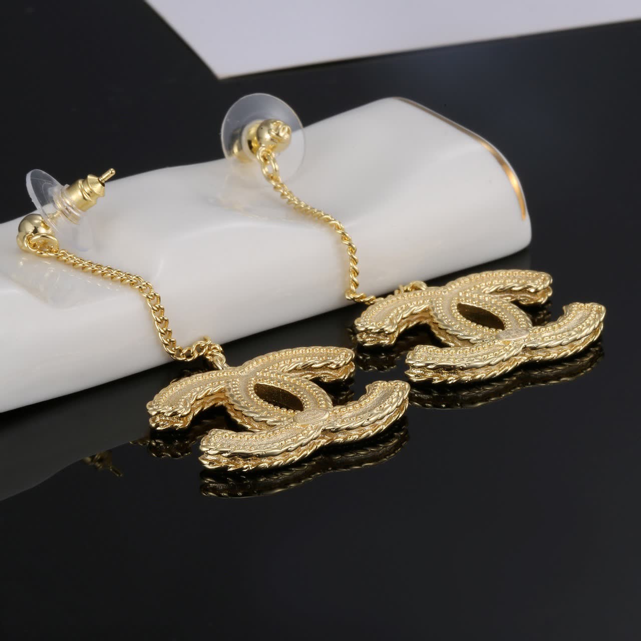 Chanel CC Logo Gold Tone Drop Earrings