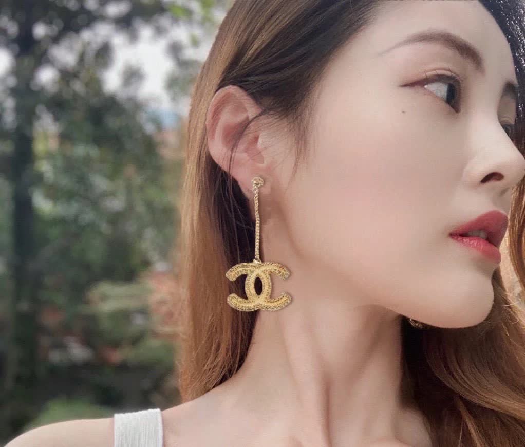 Chanel CC Logo Gold Tone Drop Earrings