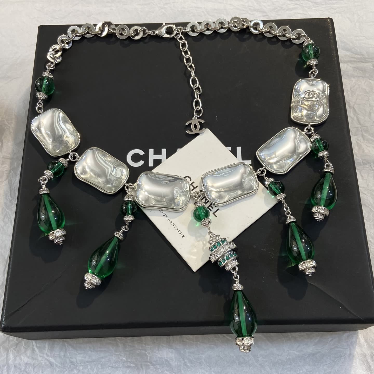 Chanel Earrings - Silver and Green Glass with Crystal Accents Chanel Earrings - Silver and Green Glass with Crystal Accents