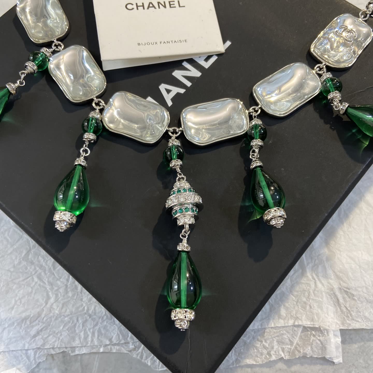 Chanel Earrings - Silver and Green Glass with Crystal Accents