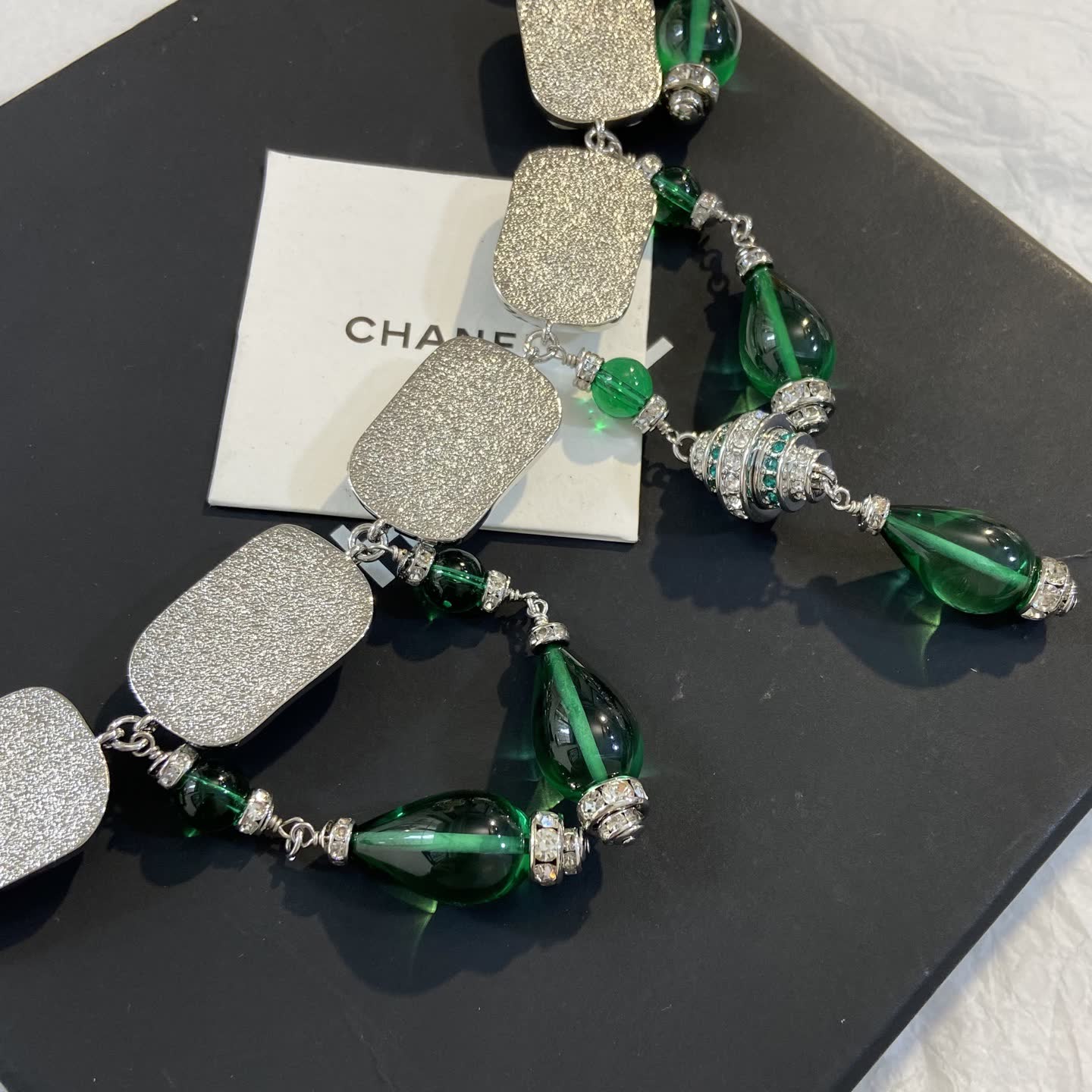 Chanel Earrings - Silver and Green Glass with Crystal Accents