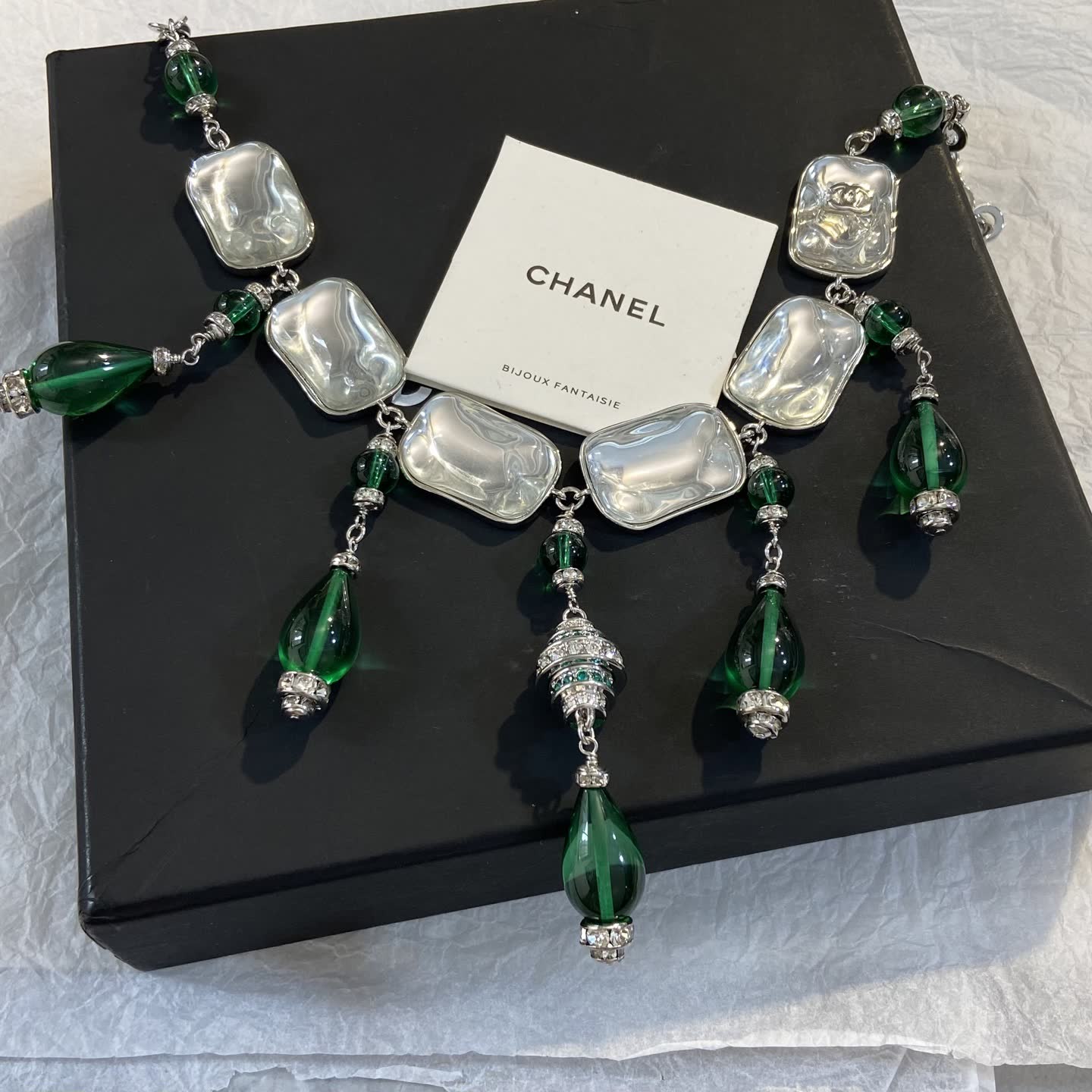 Chanel Earrings - Silver and Green Glass with Crystal Accents