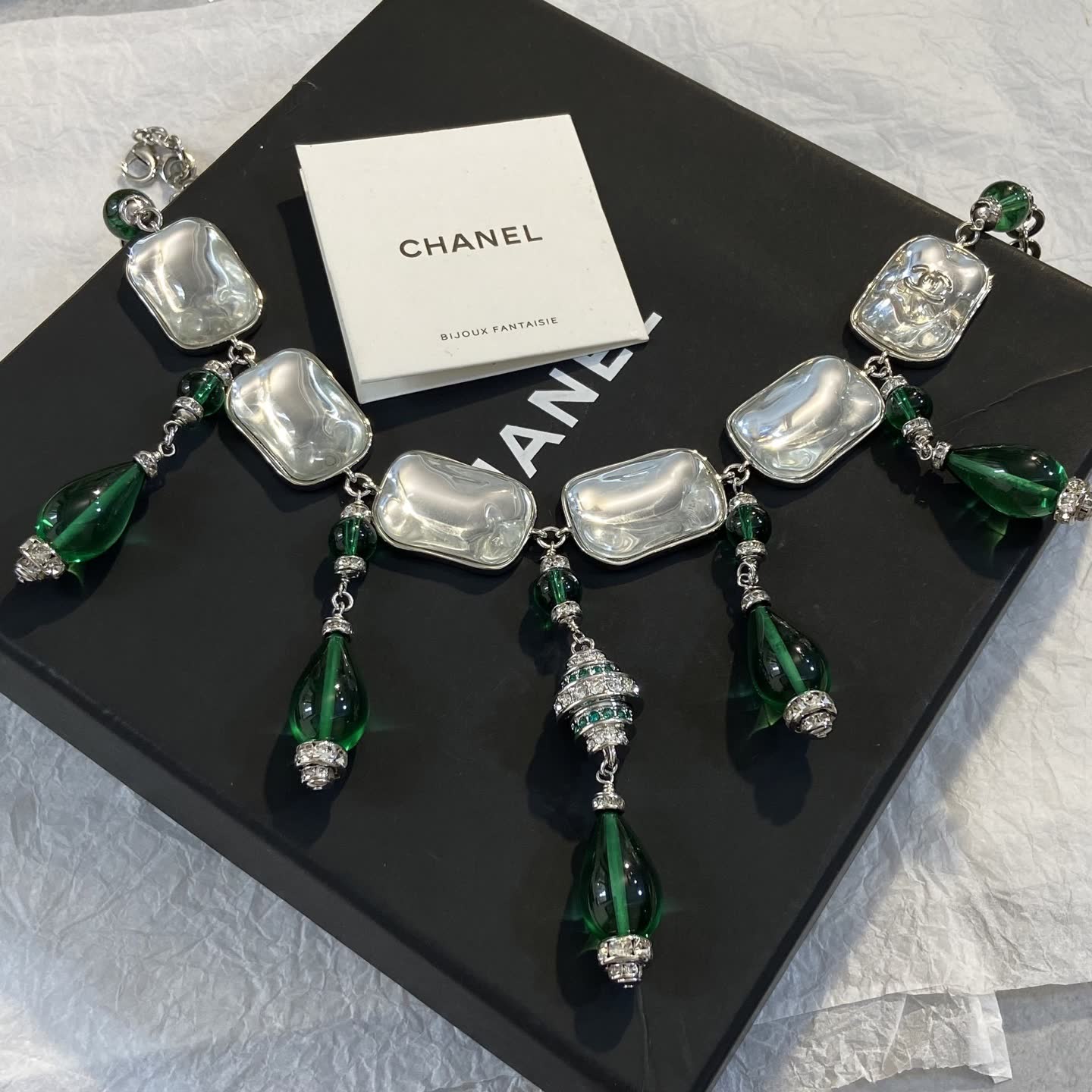 Chanel Earrings - Silver and Green Glass with Crystal Accents