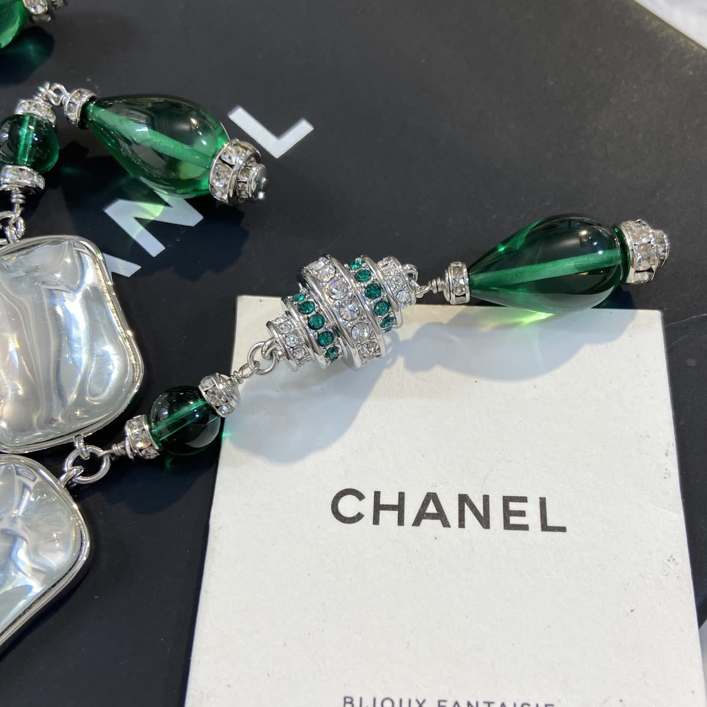 Chanel Earrings - Silver and Green Glass with Crystal Accents