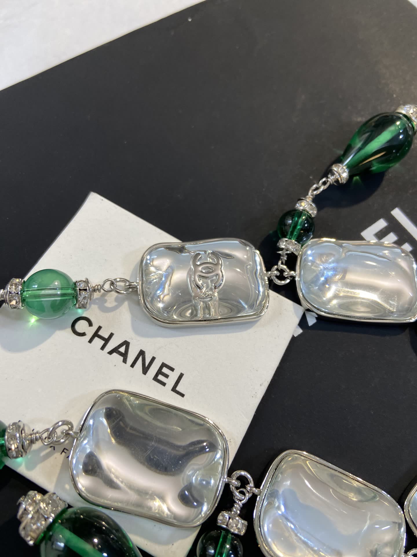 Chanel Earrings - Silver and Green Glass with Crystal Accents