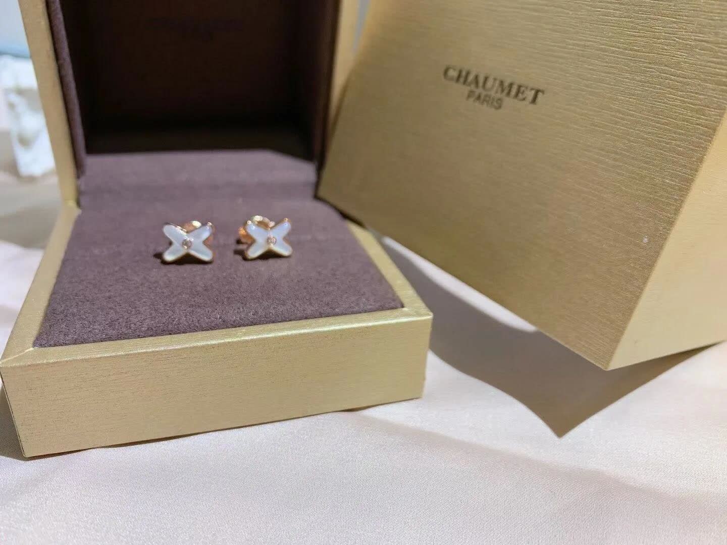Chaumet Chanel Gold and Enamel Camellia Stud Earrings