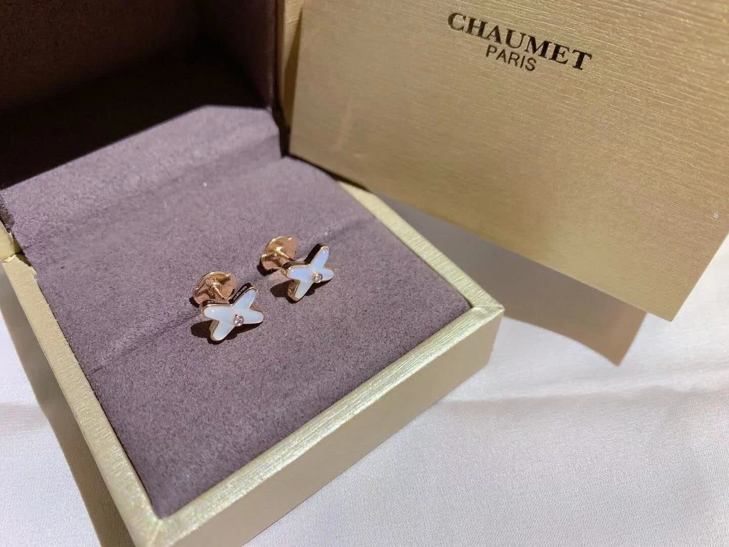Chaumet Chanel Gold and Enamel Camellia Stud Earrings