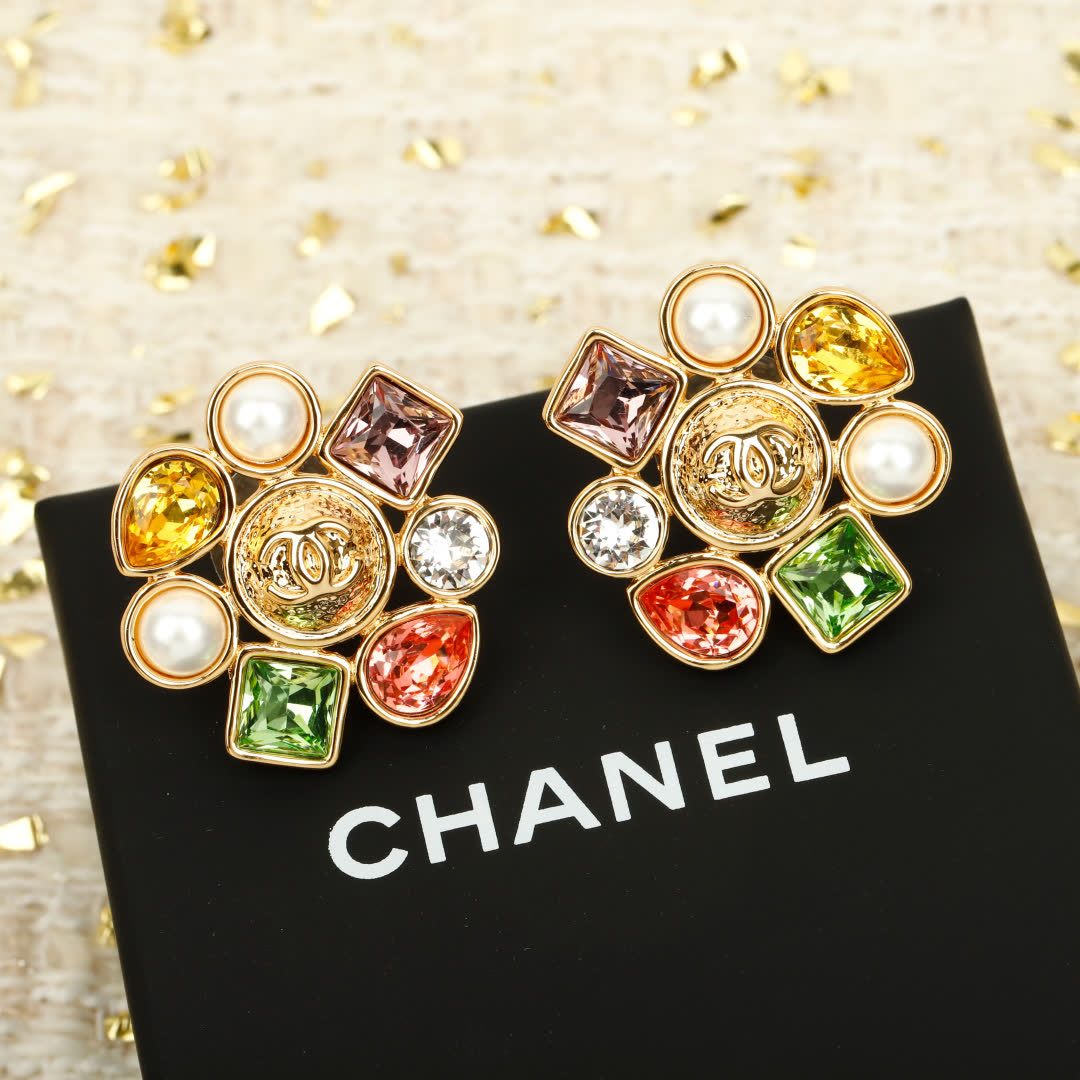 Chanel Earrings, Multicolored Gemstone Design