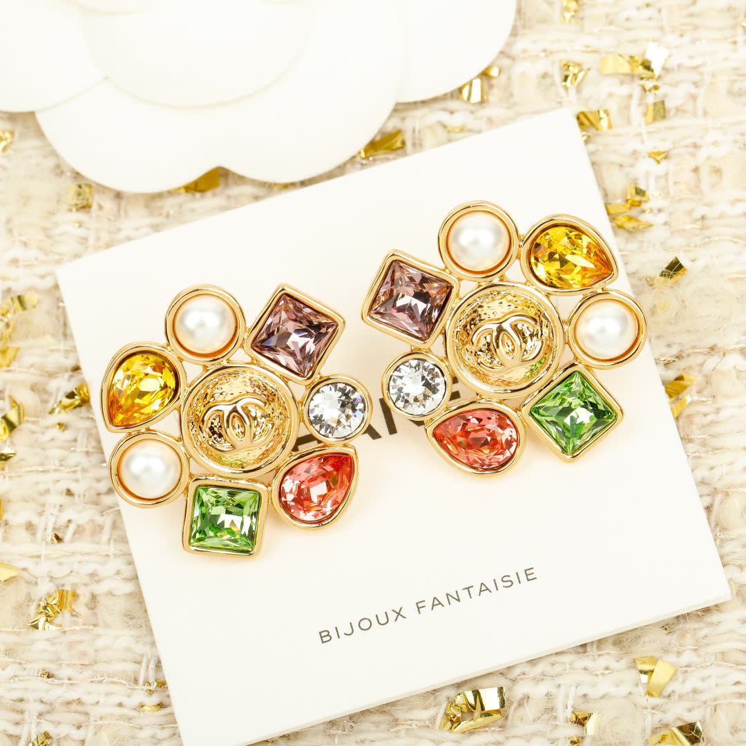 Chanel Earrings, Multicolored Gemstone Design