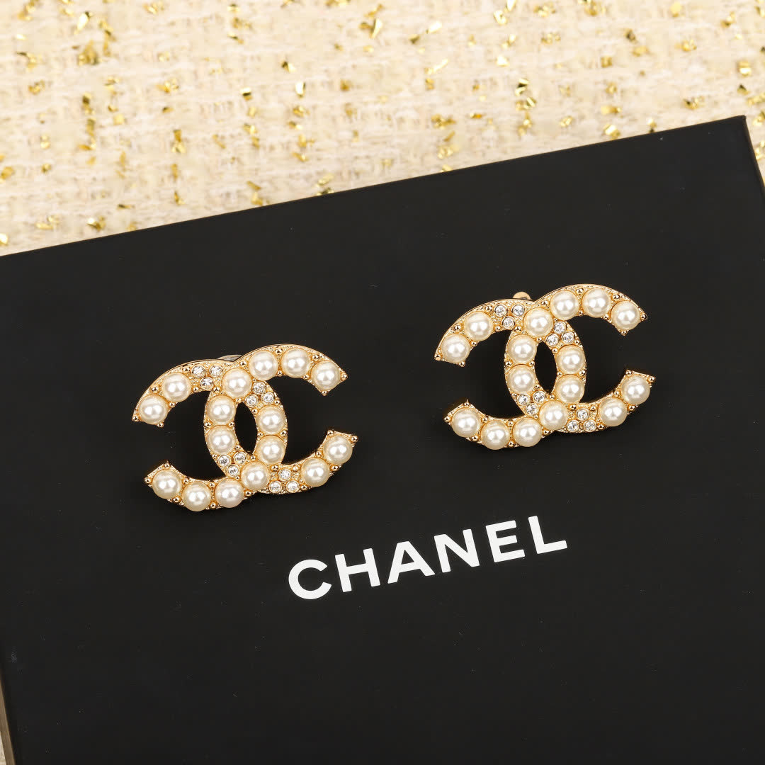 Chanel CC Pearl Stud Earrings