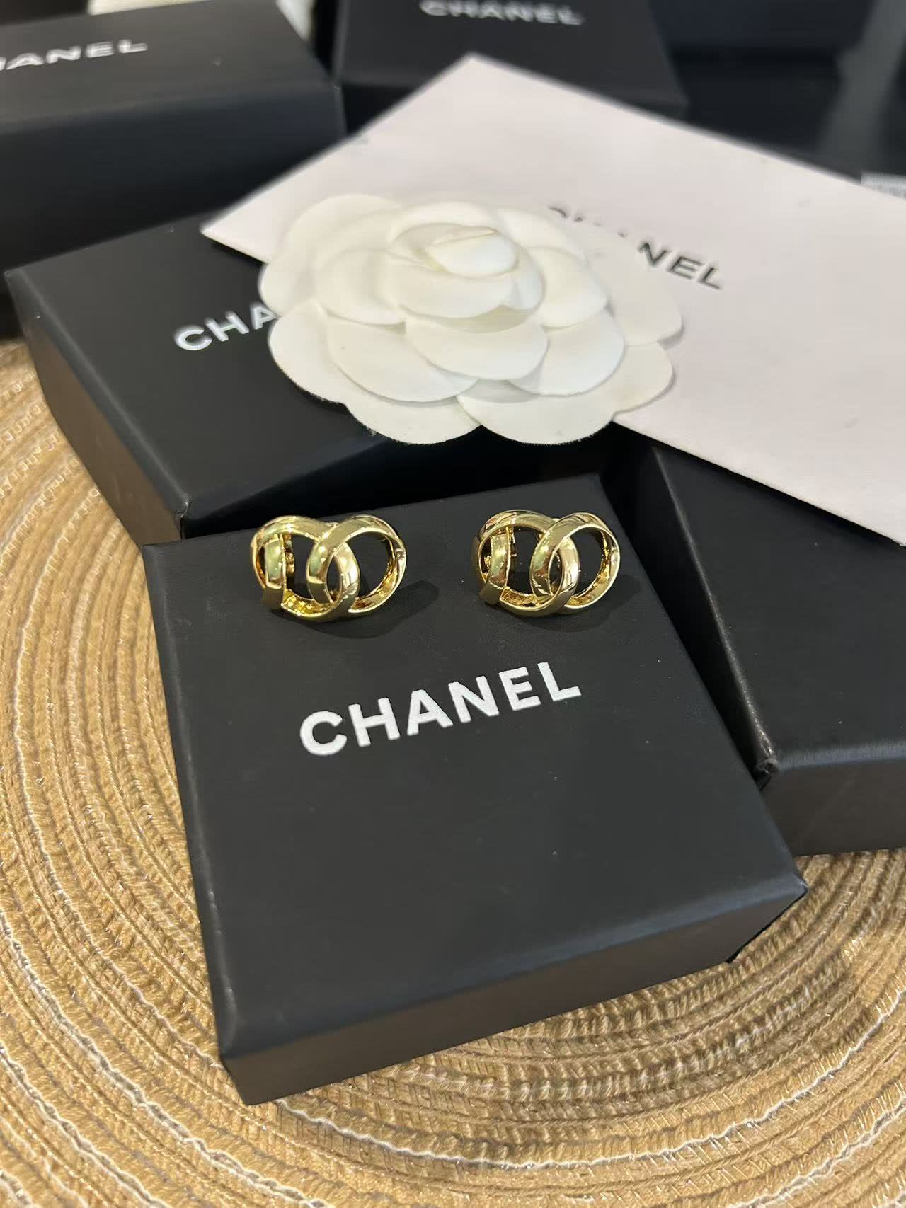 Chanel Gold Tone Interlocking Ring Earrings