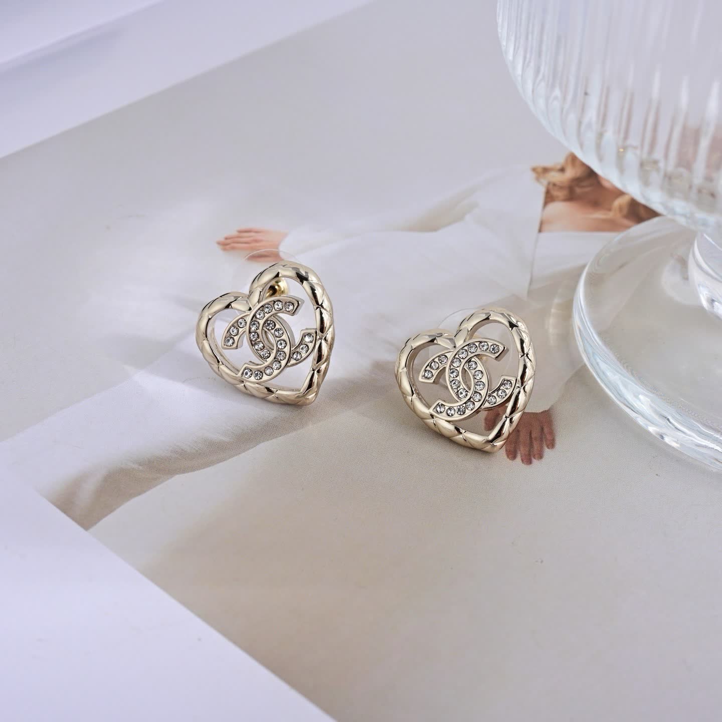 Chanel 25A Gold Heart Earrings with Crystal C