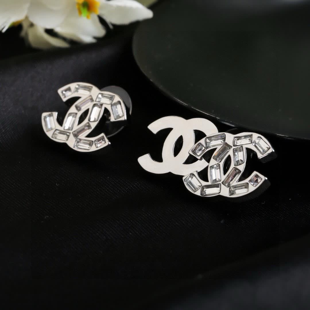 Chanel CC Logo Crystal Stud Earrings