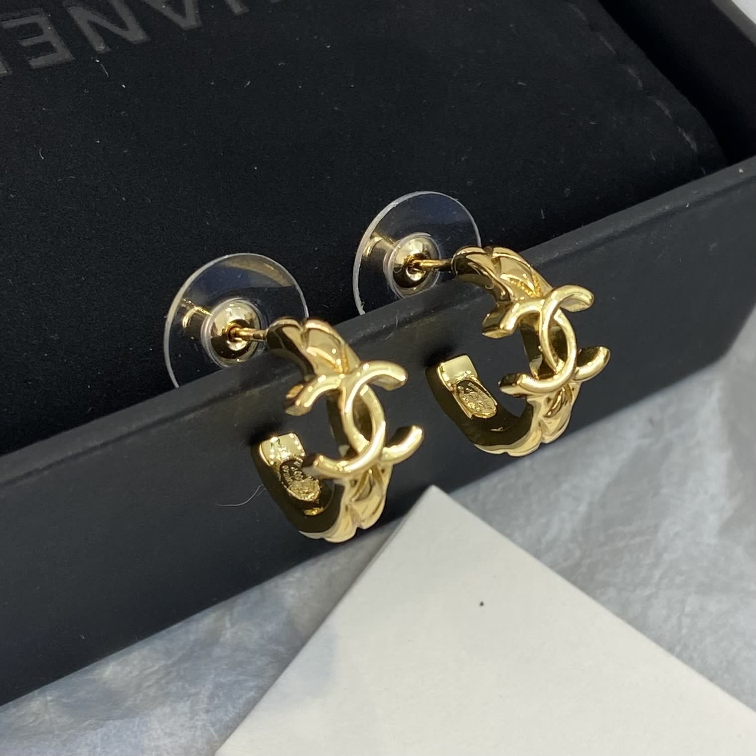 Chanel CC Logo Gold Tone Stud Earrings
