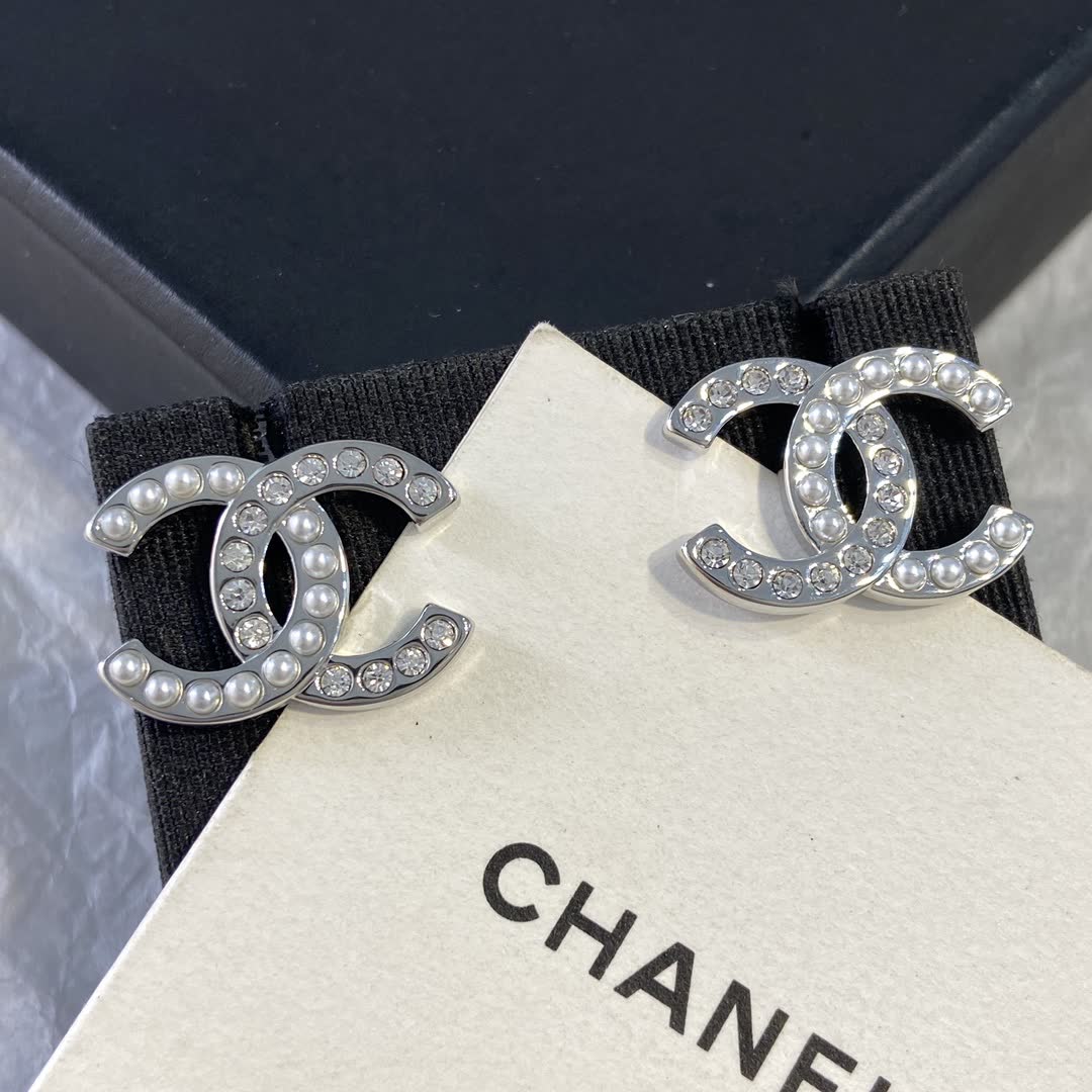 Chanel CC Logo Pearl and Crystal Stud Earrings