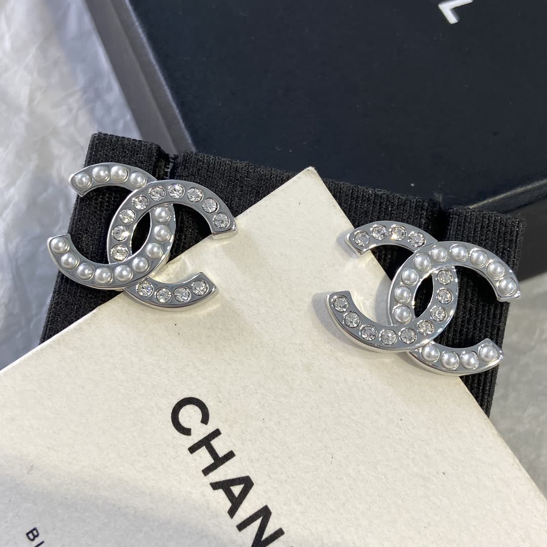 Chanel CC Logo Pearl and Crystal Stud Earrings