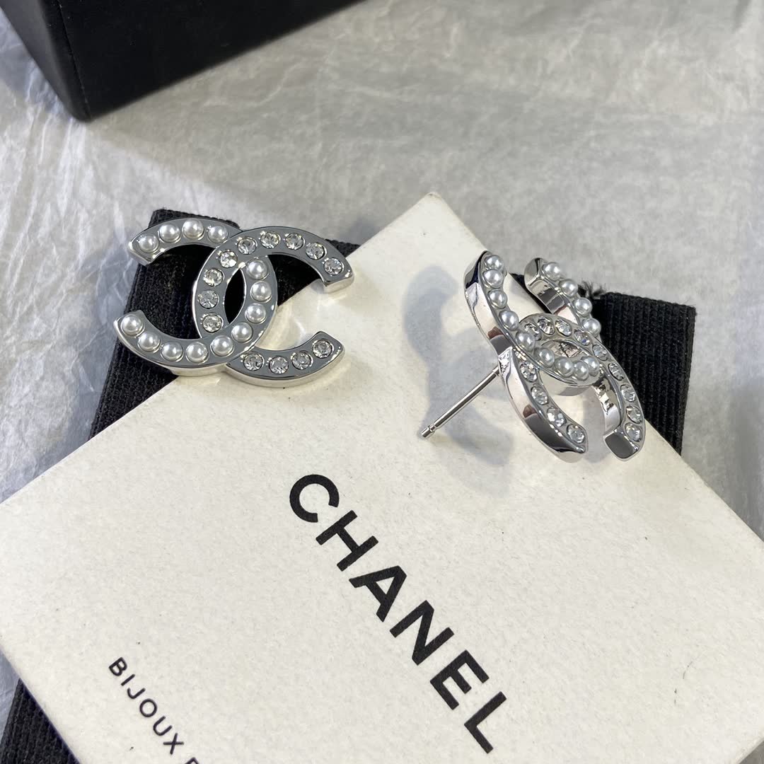 Chanel CC Logo Pearl and Crystal Stud Earrings