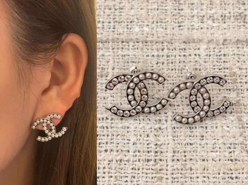 Chanel CC Logo Pearl and Crystal Stud Earrings