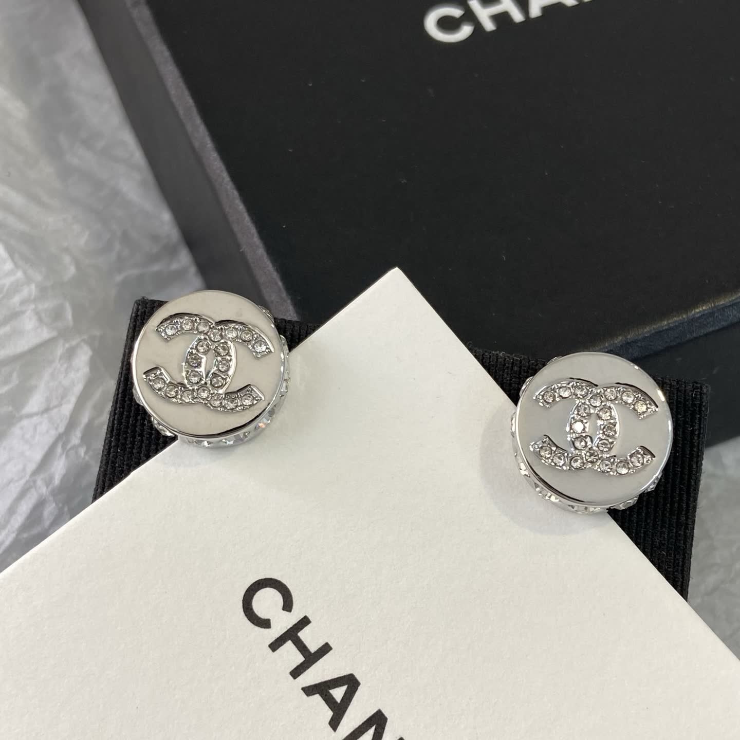 Chanel CC Logo Crystal Stud Earrings