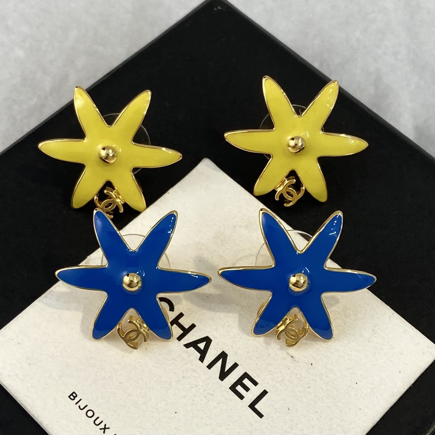 Chanel Yellow and Blue Star Flower Earrings Chanel Yellow and Blue Star Flower Earrings