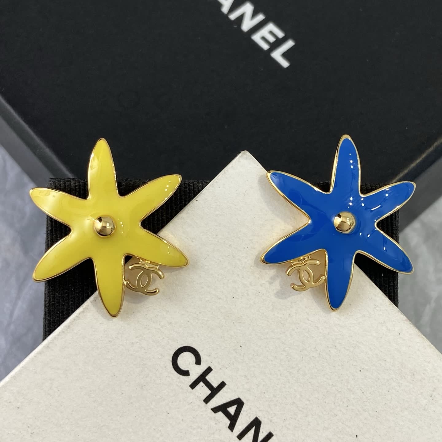 Chanel Yellow and Blue Star Flower Earrings