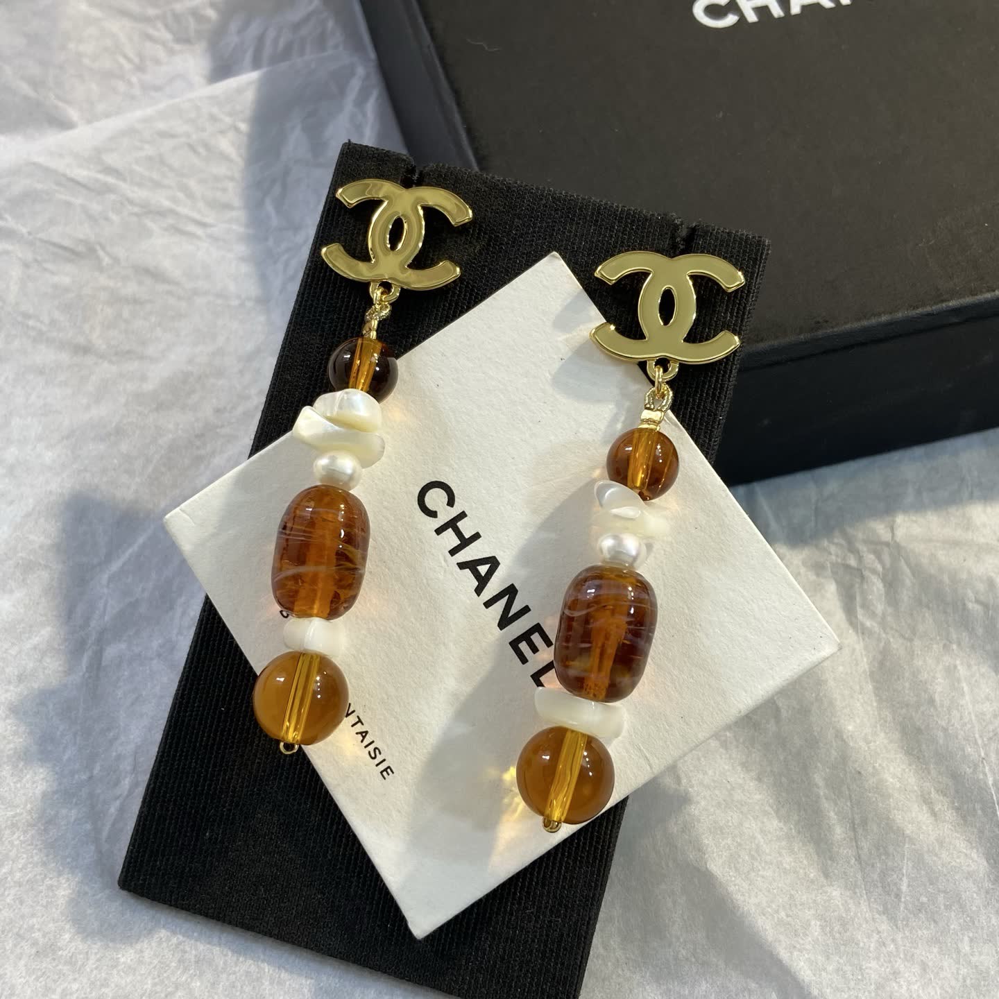 Chanel CC Logo Brown Beaded Earrings