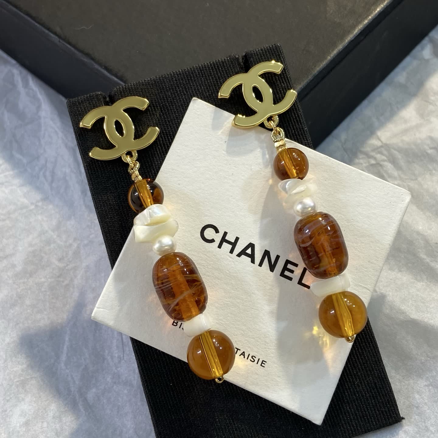 Chanel CC Logo Brown Beaded Earrings