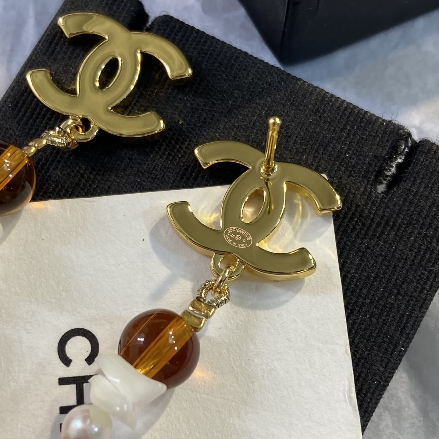 Chanel CC Logo Brown Beaded Earrings