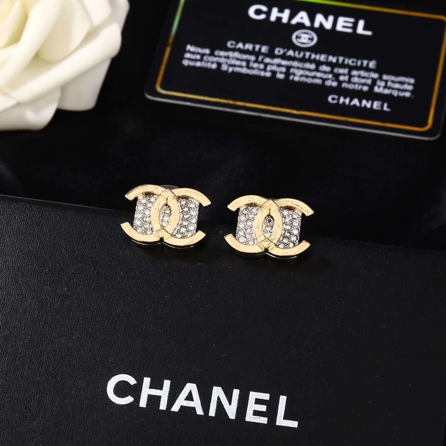 Chanel CC Logo Crystal Stud Earrings