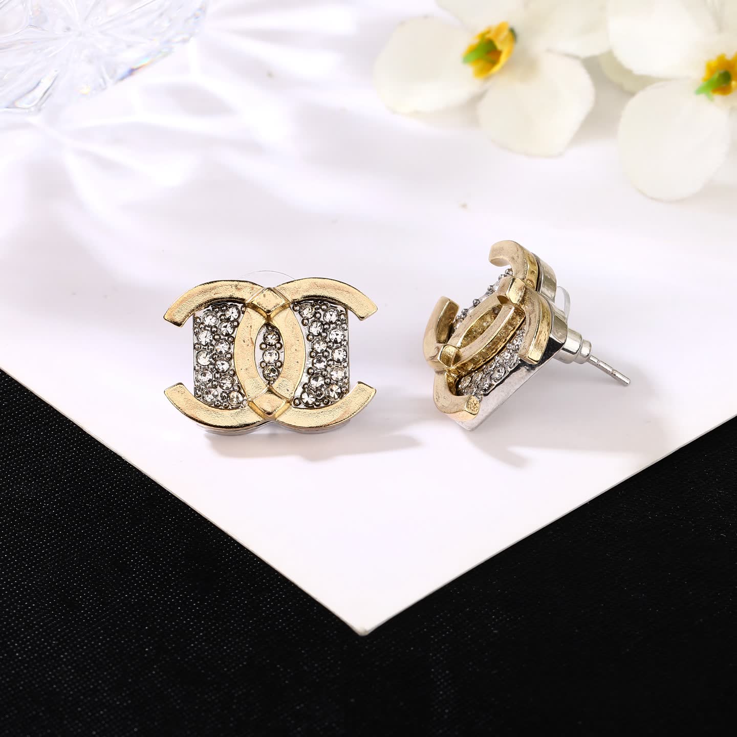 Chanel CC Logo Crystal Stud Earrings