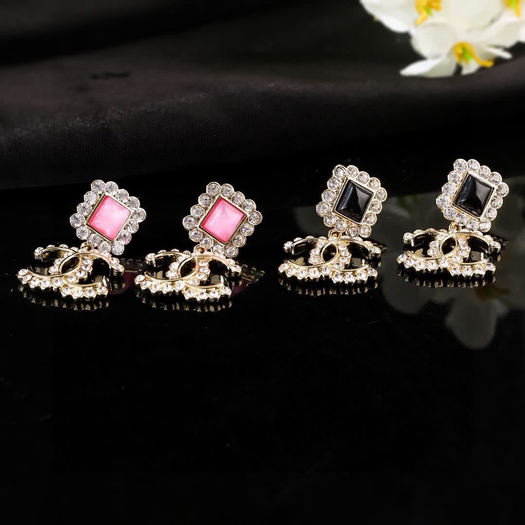 Chanel CC Logo Pink Stone Earrings