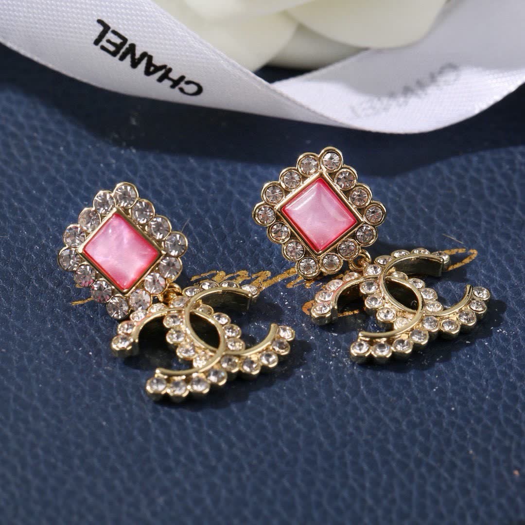 Chanel CC Logo Pink Stone Earrings