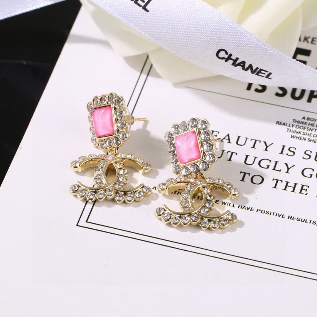 Chanel CC Logo Pink Stone Earrings