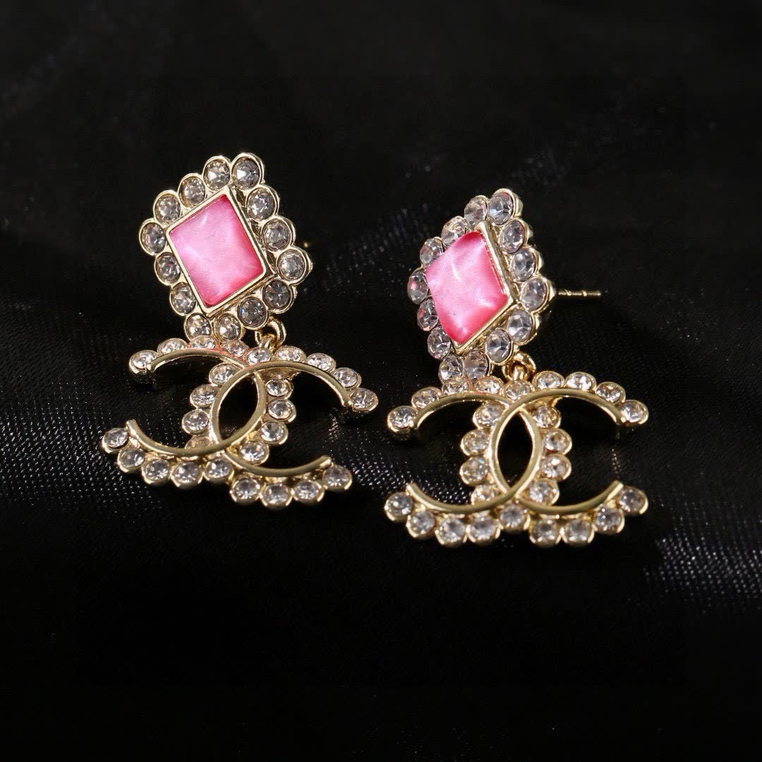 Chanel CC Logo Pink Stone Earrings