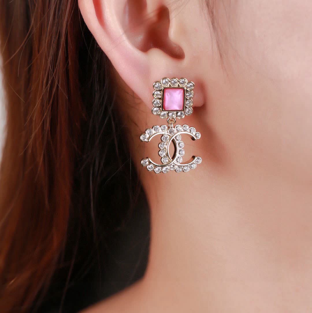 Chanel CC Logo Pink Stone Earrings