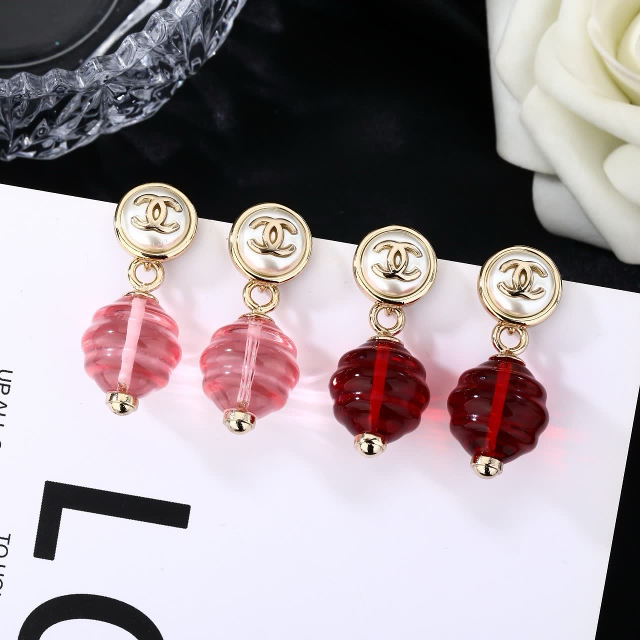 Chanel CC Logo Glass Bead Drop Earrings Chanel CC Logo Glass Bead Drop Earrings