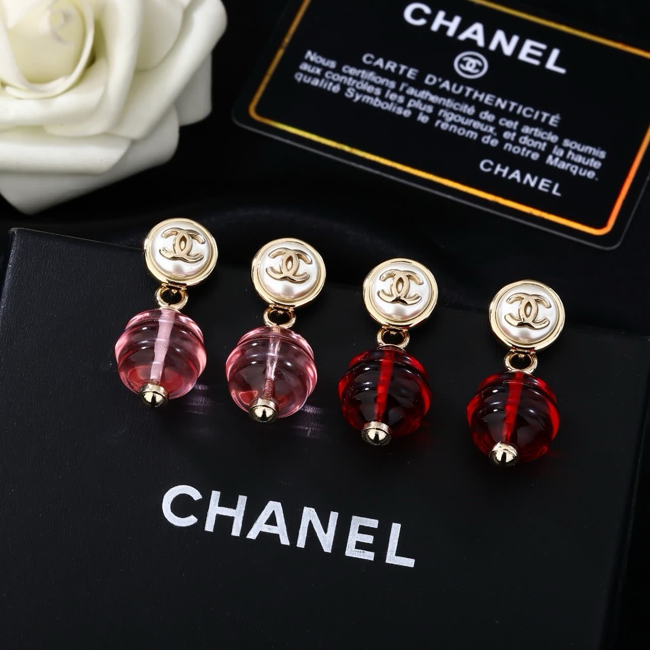 Chanel CC Logo Glass Bead Drop Earrings
