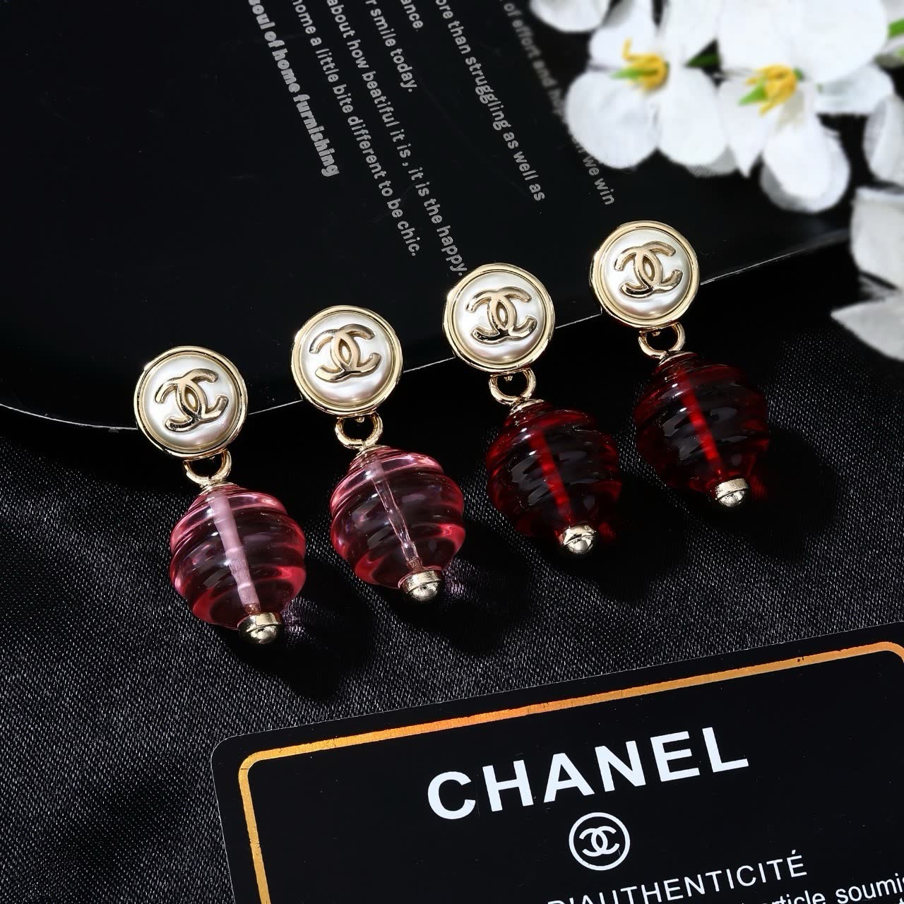 Chanel CC Logo Glass Bead Drop Earrings