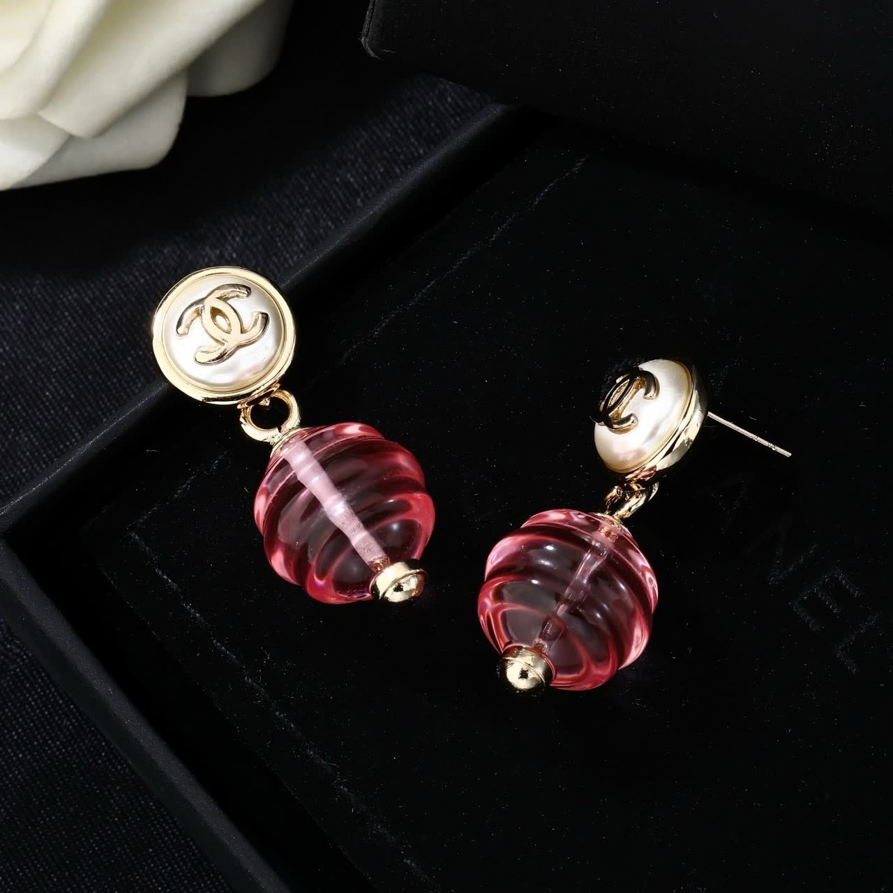 Chanel CC Logo Glass Bead Drop Earrings