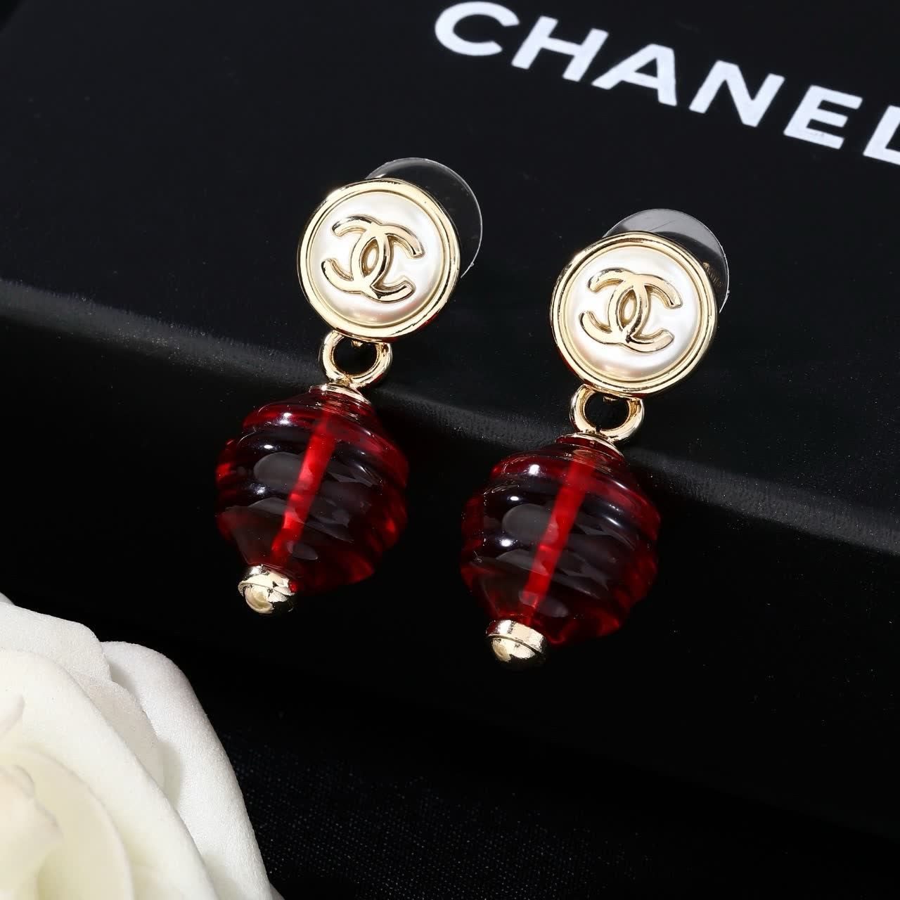 Chanel CC Logo Glass Bead Drop Earrings