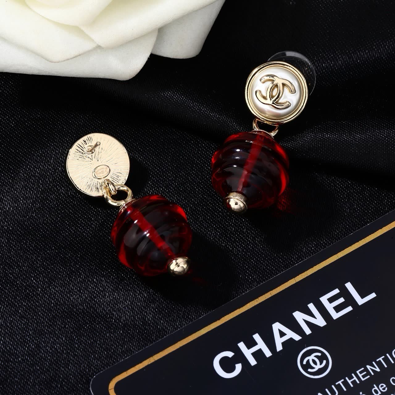 Chanel CC Logo Glass Bead Drop Earrings