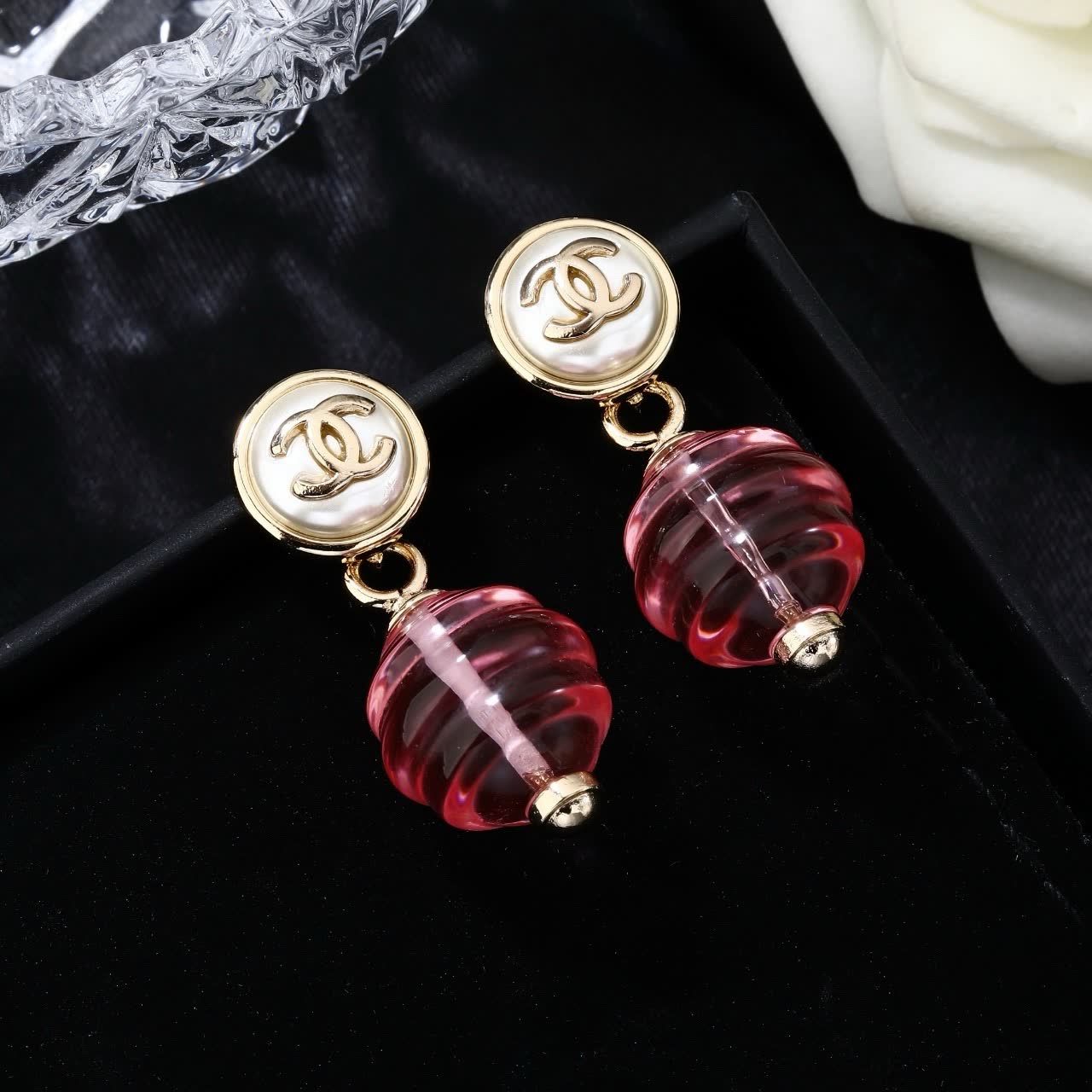 Chanel CC Logo Glass Bead Drop Earrings