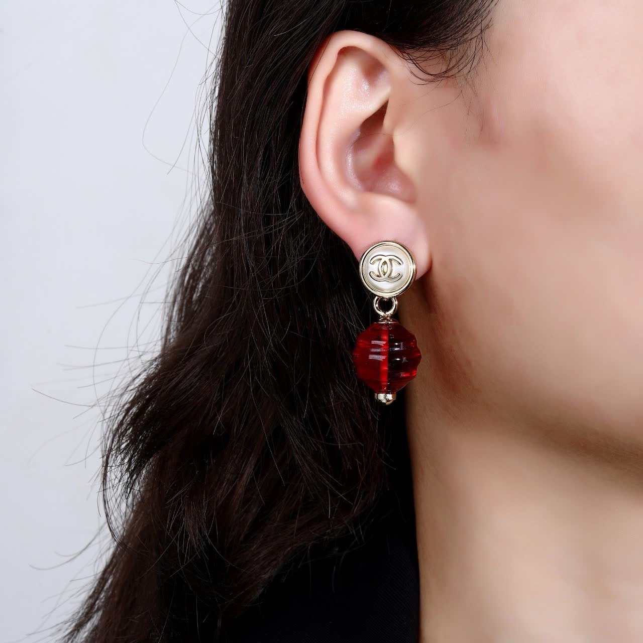 Chanel CC Logo Glass Bead Drop Earrings