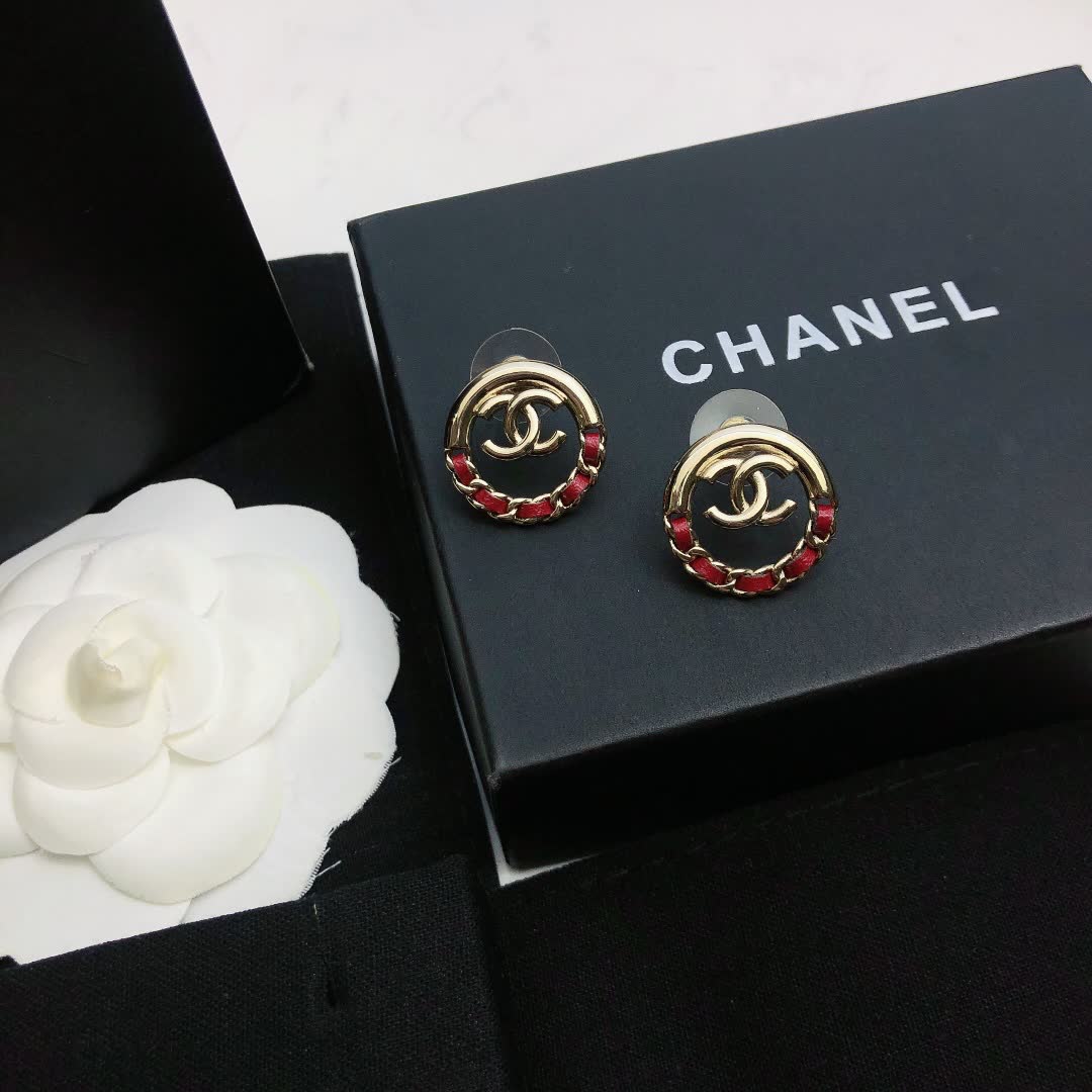 Chanel CC Logo Earrings with Red Stones