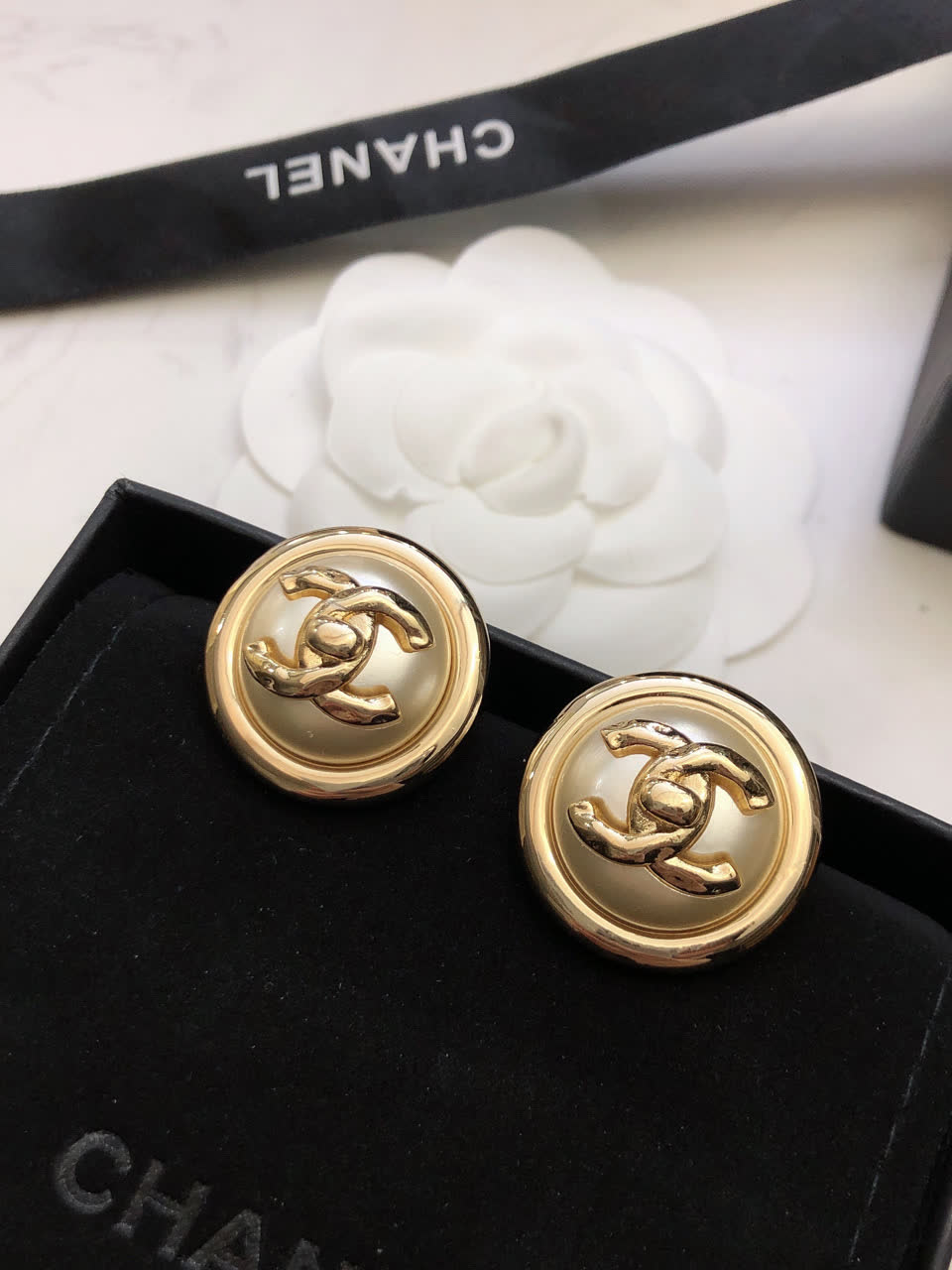 Chanel CC Logo Button Earrings