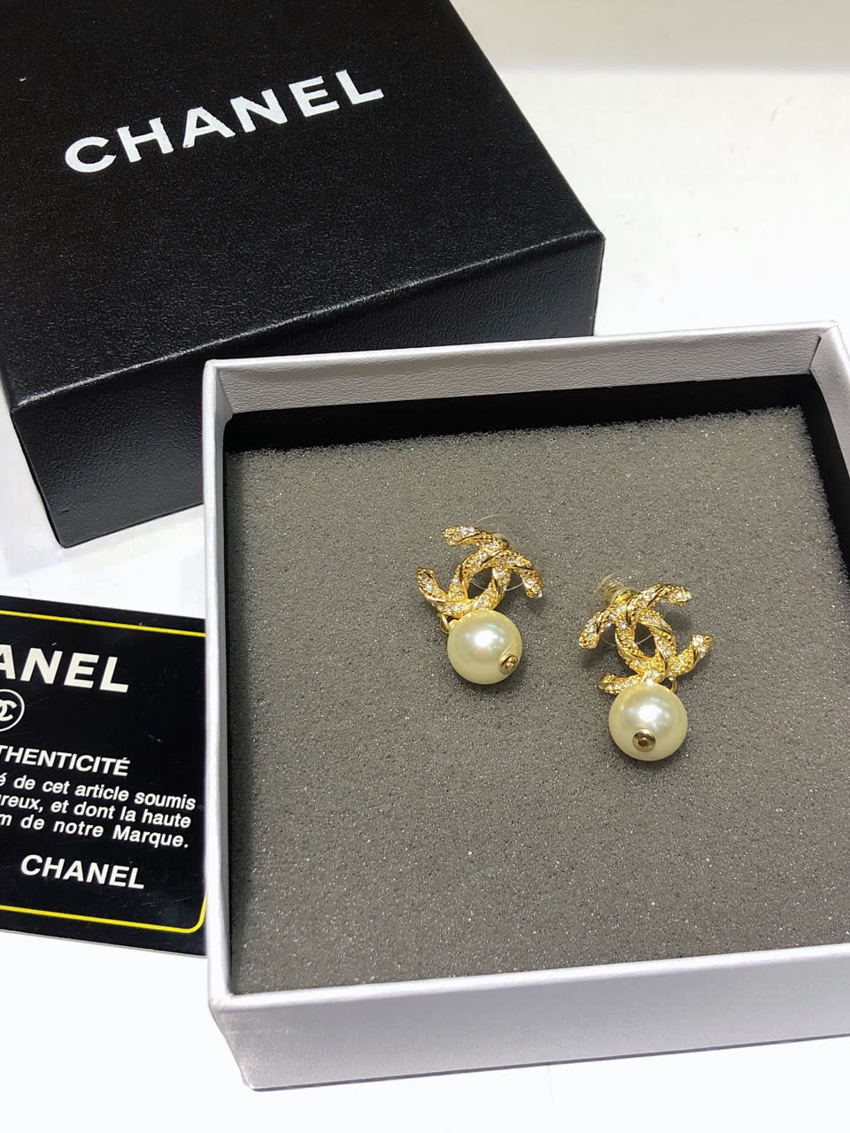 Chanel CC Logo Pearl Drop Earrings