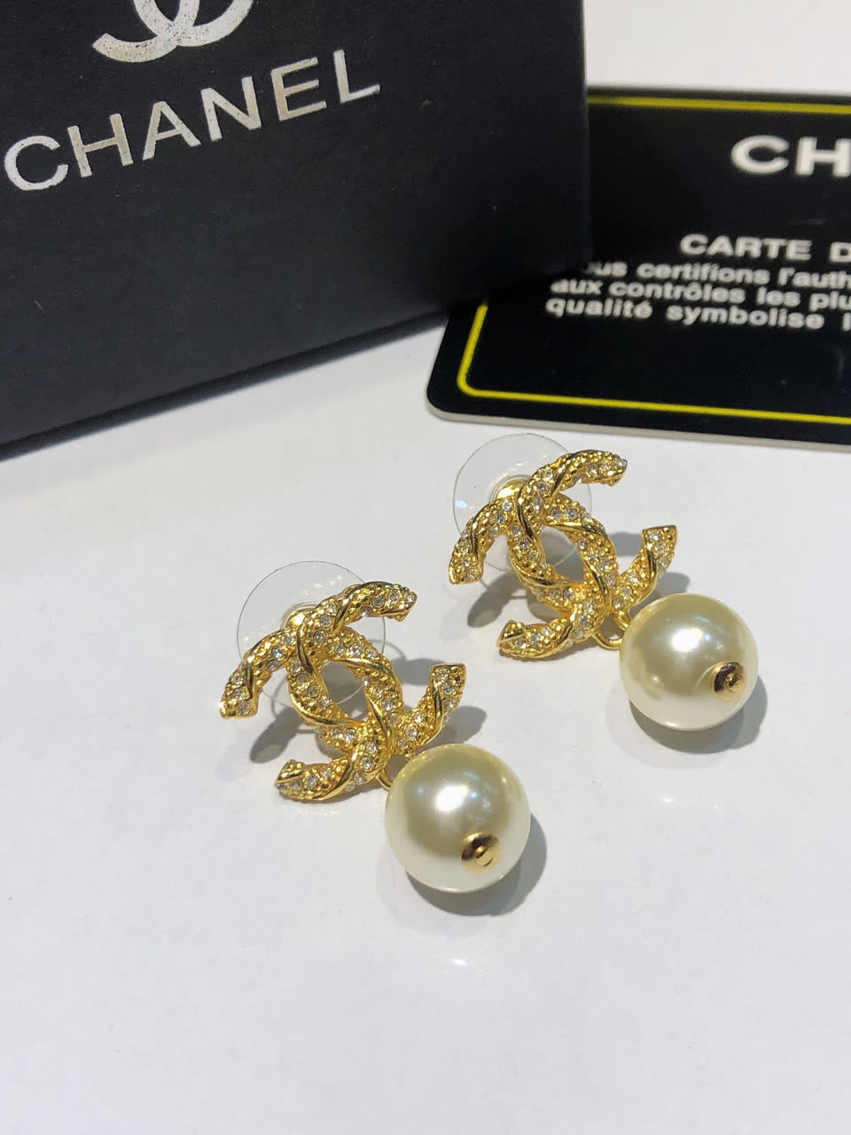 Chanel CC Logo Pearl Drop Earrings