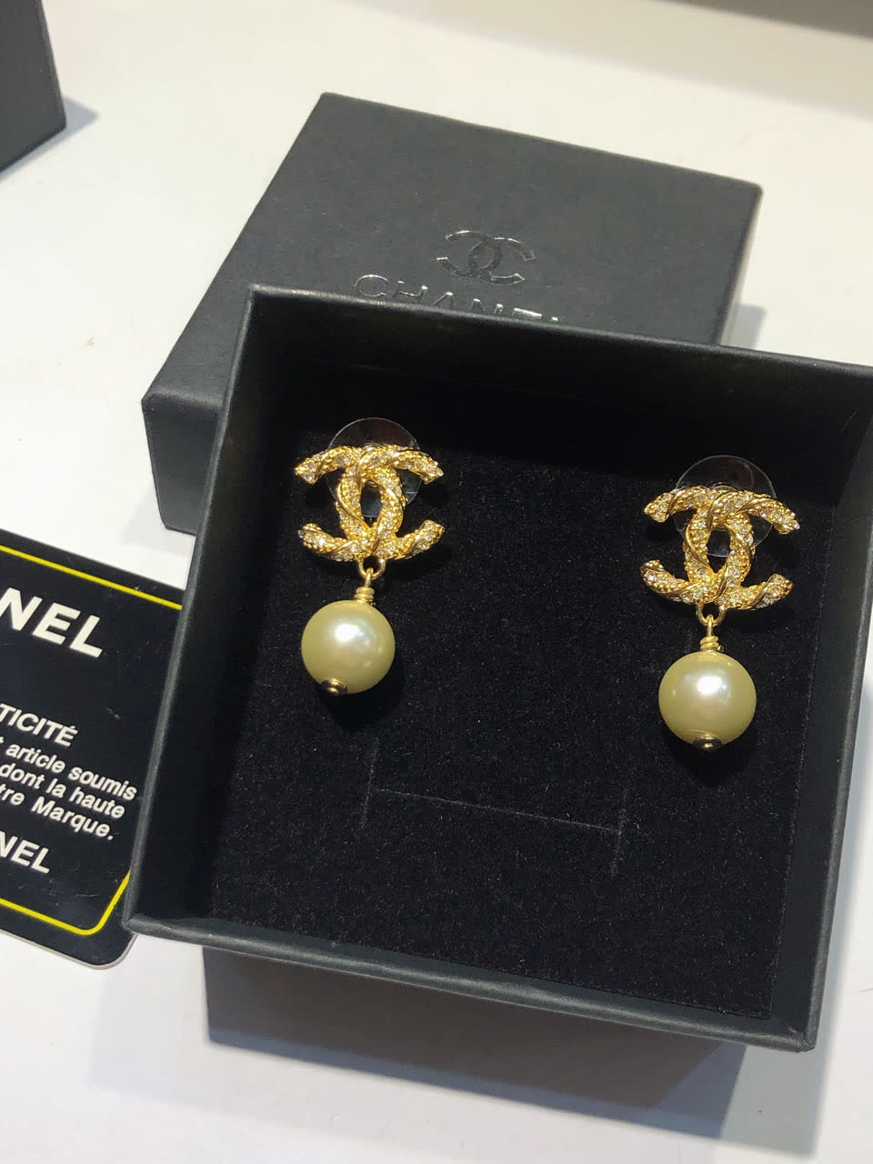 Chanel CC Logo Pearl Drop Earrings